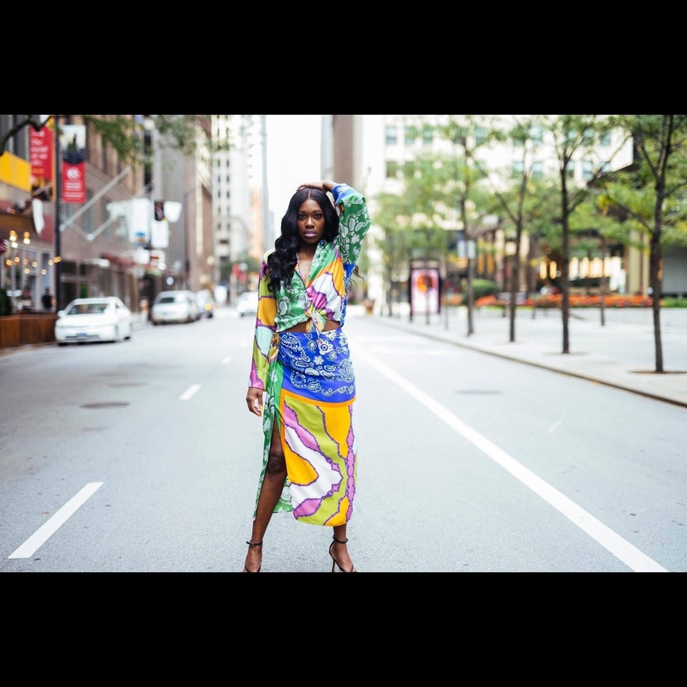 SHEIN Printed Shirt and Ruched skirt set